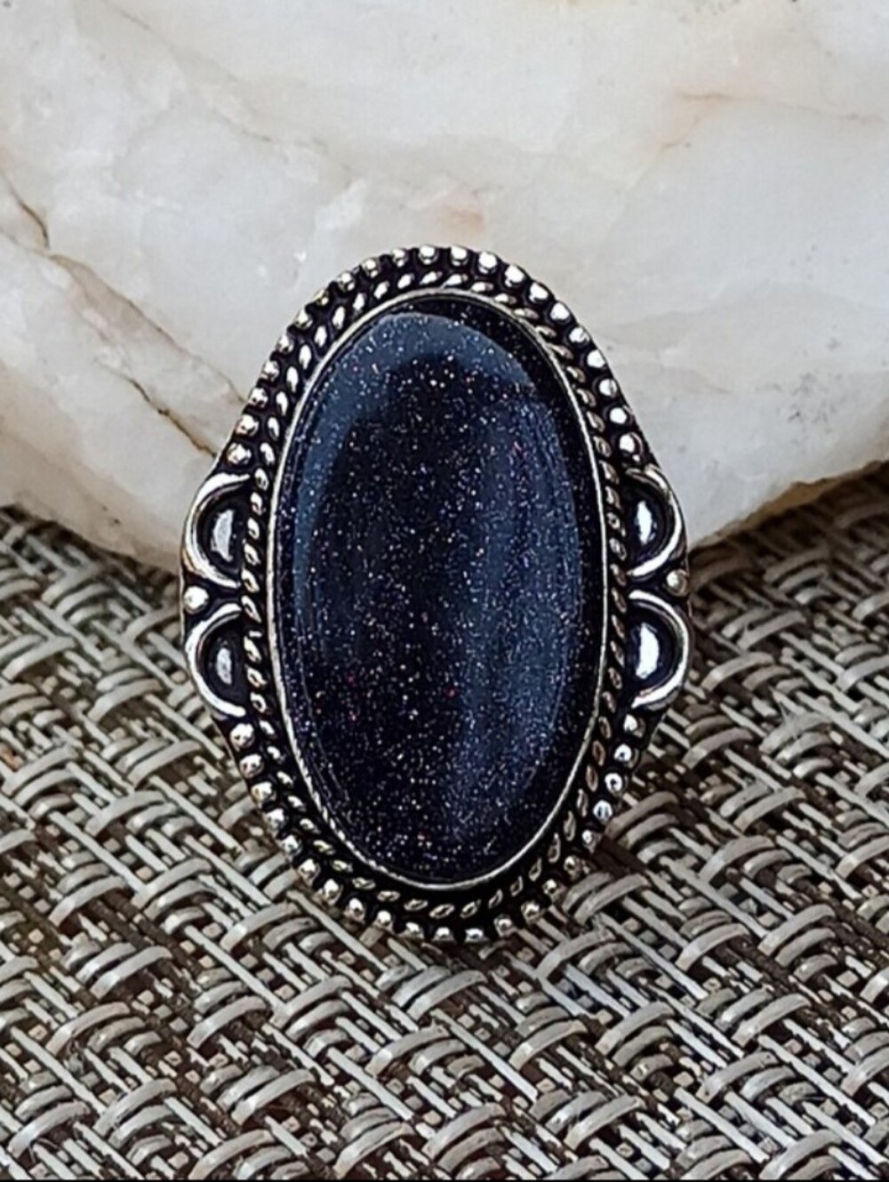 Deep Blue Sunstone BOHO Oval Silver Statement Ring Sz 8